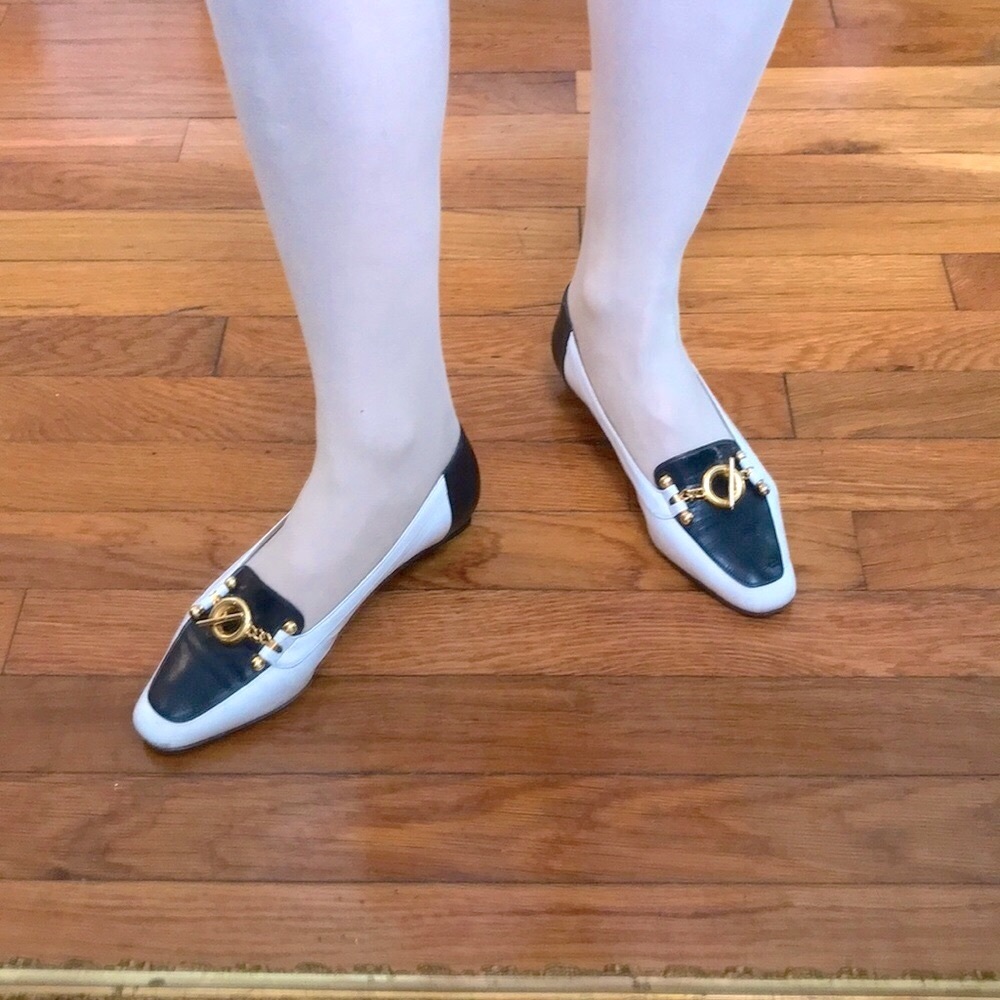 Vintage 90s Nordstrom Blue & White Flats w/Gold Buckles-Perfect for Summer
